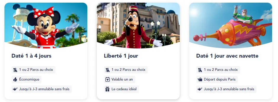 Les 3 biellets différents pour accéder à Disneyland Paris